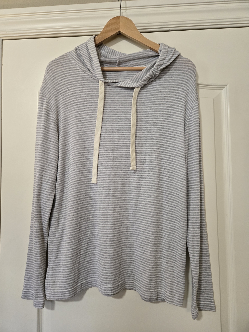 Striped Lightweight Hooded Pullover - Light Gray & White Very Soft Cozy